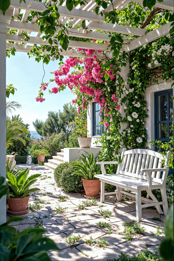 Terrace garden with mixed plants and seating