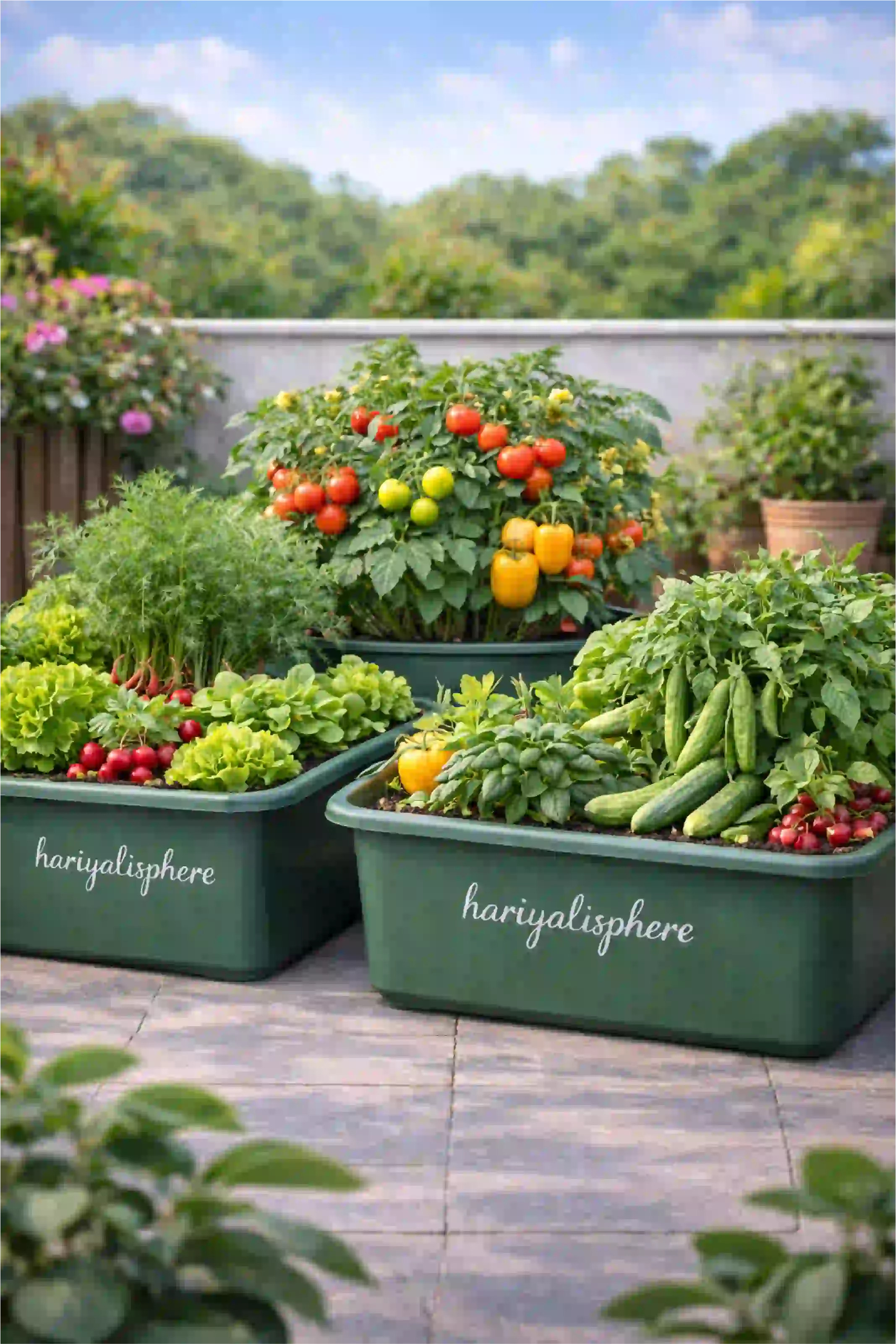 Vegetable tubs arranged neatly